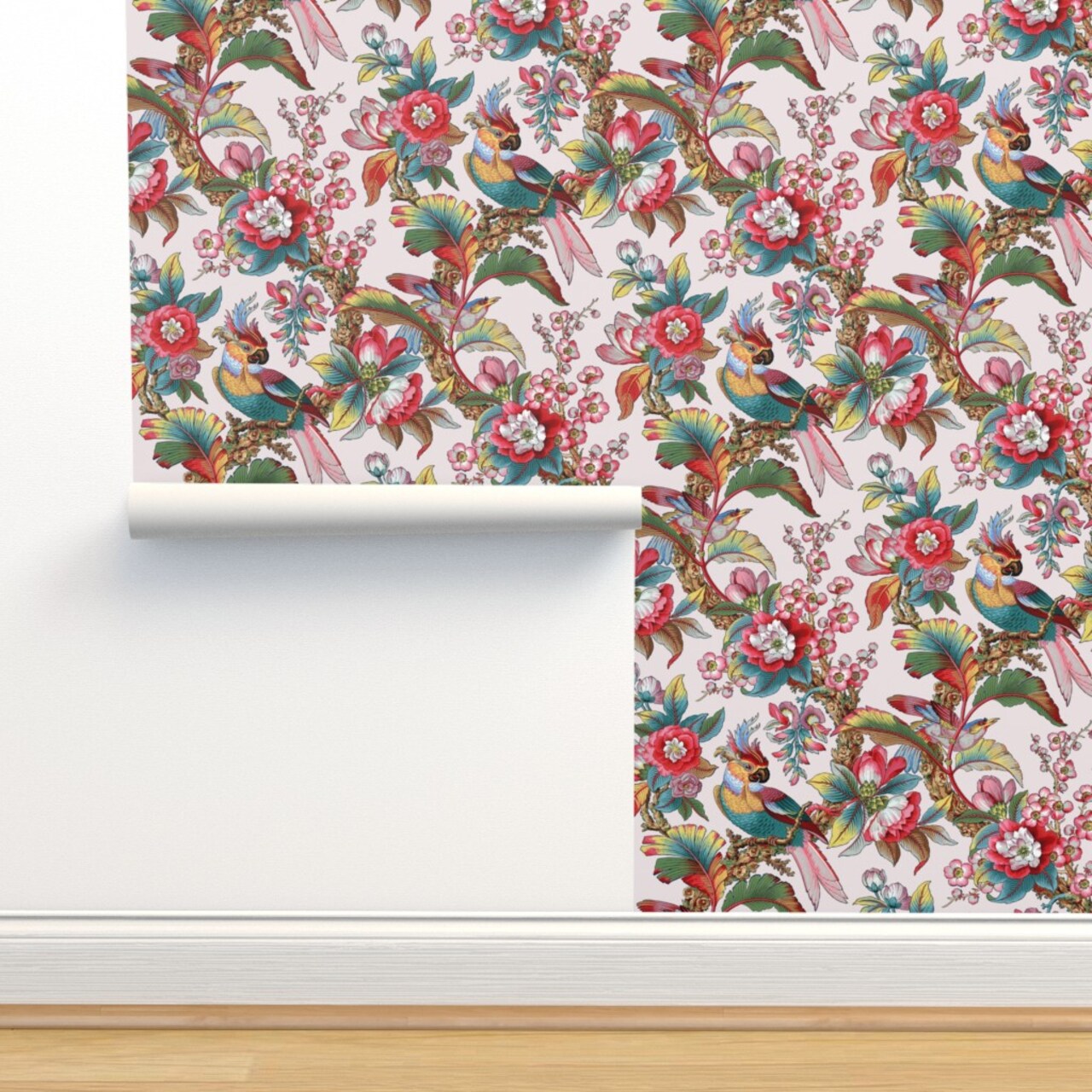 Bird Pink Dusty Antique Palm Jungle Lilac Tropical Lavender Botanical Parrot Art Nouveau Victorian Edwardian Floral Large Scale Custom Removable Wallpaper by Spoonflower Peel & Stick Wallpaper 2FT Wide